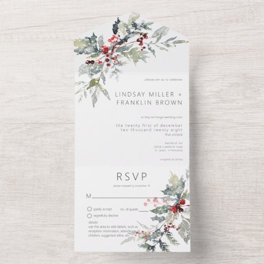 Rustikale Winter Holberries & Schneedetails All In One Einladung (Innen Boden)