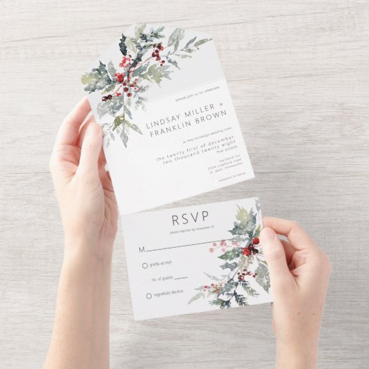 Rustikale Winter Holberries & Snow No Dinner All In One Einladung (Abreißen)