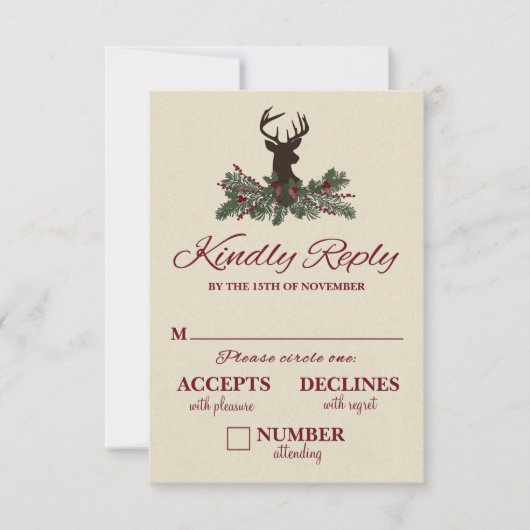 Rustikale Winter Holiday Pine Wedding RSVP Card (Vorderseite)