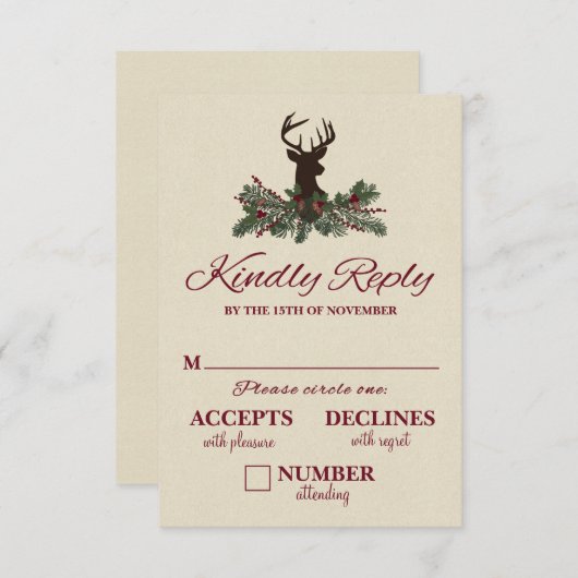 Rustikale Winter Holiday Pine Wedding RSVP Card (Vorne/Hinten)