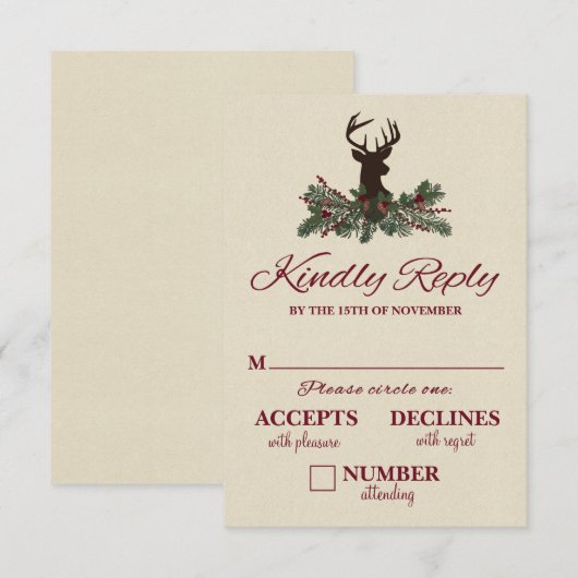 Rustikale Winter Holiday Pine Wedding RSVP Card Karte (Vorne/Hinten)