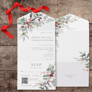 Rustikale Winter-Holly-Beeren & Schnee-QR-Code All In One Einladung