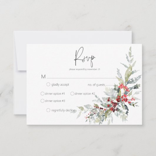 Rustikale Winter Holly Berries & Snow Wedding RSVP Karte (Vorderseite)