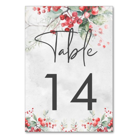 Rustikale Winter Holly & Pine Wedding Tischnummer (Vorderseite)