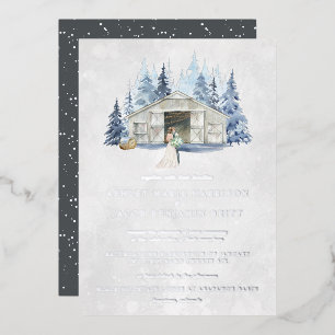 Rustikale Winter Immergrün-Scheunenhochzeit Folieneinladung