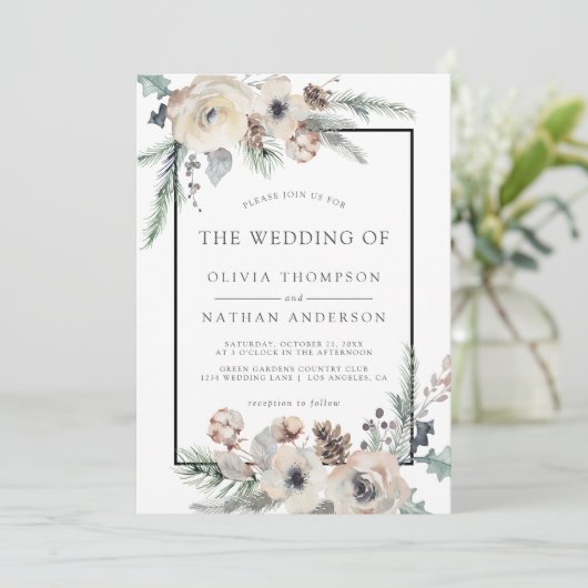 Rustikale Winter Pine Bloral Black Frame Wedding Einladung (Stehend Vorderseite)