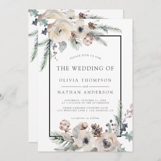 Rustikale Winter Pine Bloral Black Frame Wedding Einladung (Vorne/Hinten)