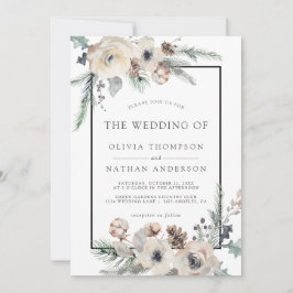Rustikale Winter Pine Bloral Black Frame Wedding Einladung
