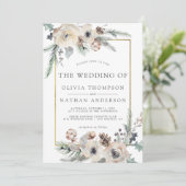 Rustikale Winter Pine Floral Gold Rahmen Hochzeit Einladung (Stehend Vorderseite)