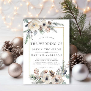 Rustikale Winter Pine Floral Gold Rahmen Hochzeit Einladung