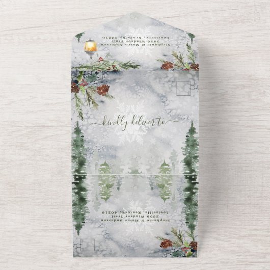 Rustikale Winter Pine Trees Botanische Laternenhoc All In One Einladung (Außenbereich)