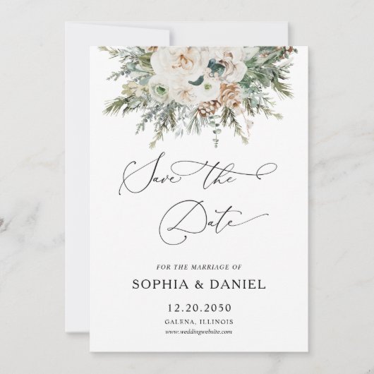 Rustikale Winter Pinecone Save the Date Karte (Vorderseite)