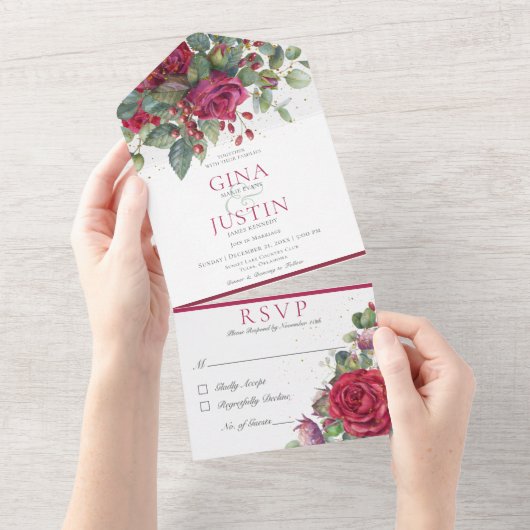 Rustikale Winter Rote Rose Kein Abendessen All In One Einladung (Abreißen)