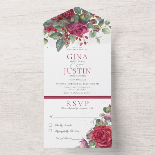 Rustikale Winter Rote Rose Kein Abendessen All In One Einladung (Innen Boden)