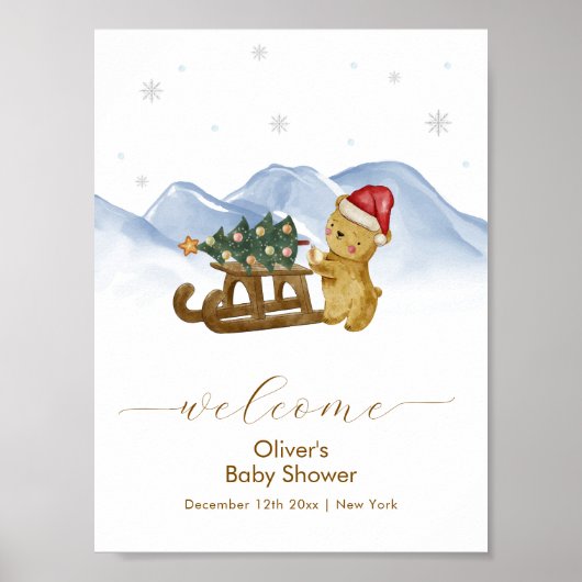 Rustikale Winter-Schlitten-Bär-Baby-Party-Willkomm Poster (Vorne)