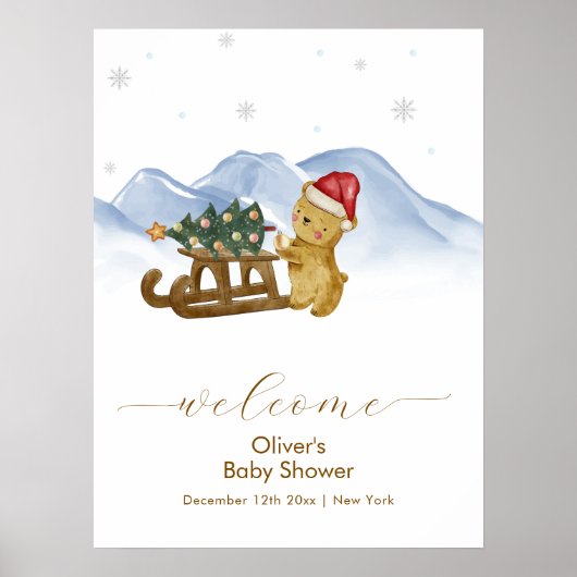 Rustikale Winter-Schlitten-Bär-Baby-Party-Willkomm Poster (Vorne)