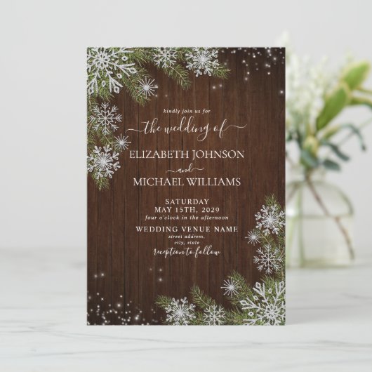 Rustikale Winter Silver Snowflake Holzwurzenkiefer Einladung (Stehend Vorderseite)