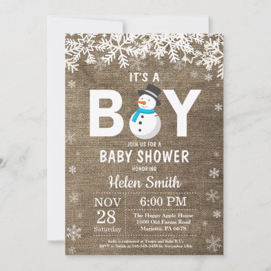 Rustikale Winter Snowman Boy Babydusche Einladung (Vorderseite)