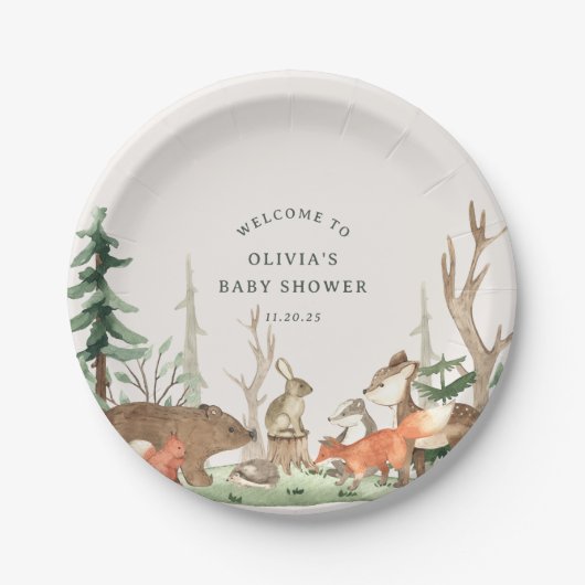 Rustikale Winter-Wald-Babyparty Pappteller (Vorderseite)