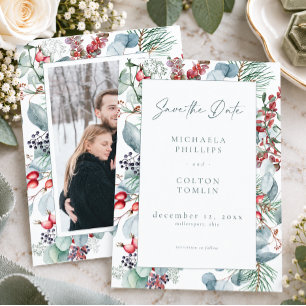 Rustikale Winter-Weihnachts-Botanik-Foto-Hochzeit Save The Date