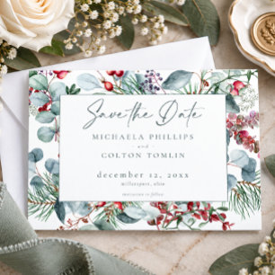 Rustikale Winter-Weihnachts-Botanik-Grün-Hochzeit Save The Date