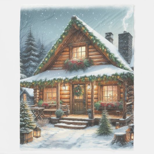 Rustikale Winter-/Weihnachts-Schneehütte Fleecedecke (Vorderseite)