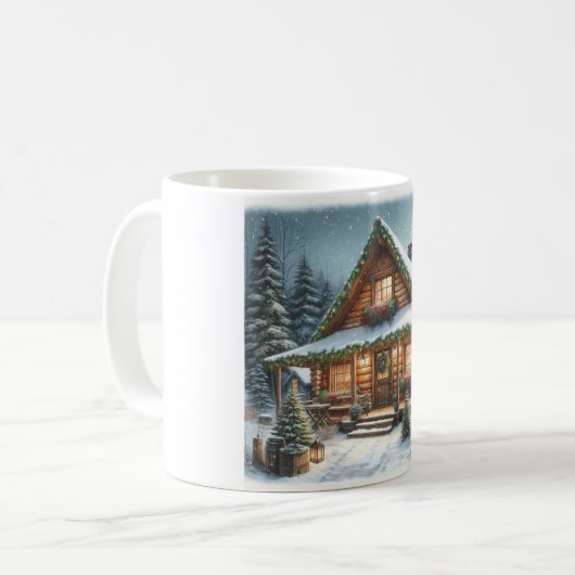 Rustikale Winter-/Weihnachtsschneekabine Kaffeetasse (Vorderseite Links)