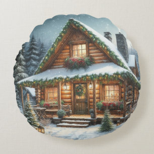 Rustikale Winter-/Weihnachtsschneekabine Rundes Kissen