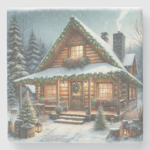 Rustikale Winter-/Weihnachtsschneekabine Steinuntersetzer