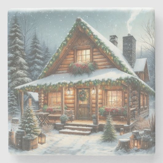 Rustikale Winter-/Weihnachtsschneekabine Steinuntersetzer (Vorderseite)