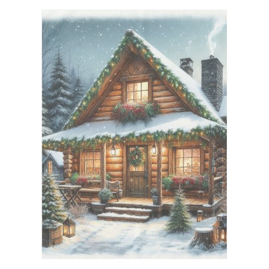Rustikale Winter-/Weihnachtsschneekabine Tischdecke (Vorderseite)