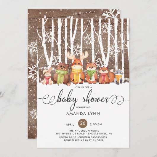 Rustikale Winter Woodland Animals Kinderdusche Einladung (Vorne/Hinten)