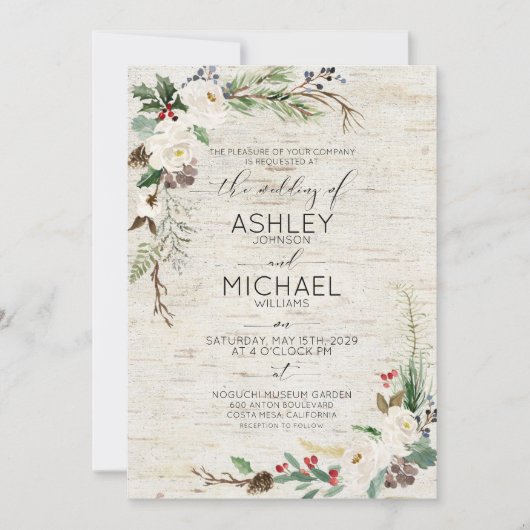 Rustikale Winterbärenkalligrafie Botanische Hochze Einladung (Vorderseite)