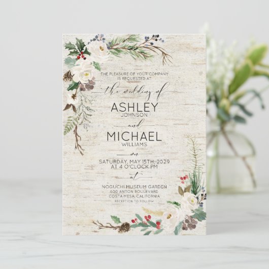 Rustikale Winterbärenkalligrafie Botanische Hochze Einladung (Stehend Vorderseite)