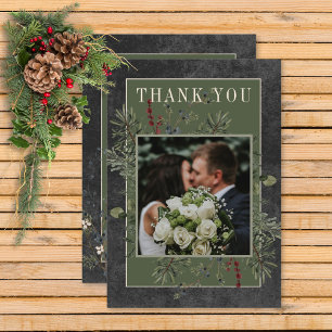 Rustikale Winterbeeren & Kiefer Schwarze Hochzeit Dankeskarte