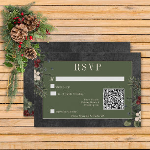 Rustikale Winterbeeren & Kiefer Schwarzer QR-Code RSVP Karte
