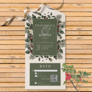 Rustikale Winterbeeren & Tannennadeln Creme QR Cod All In One Einladung