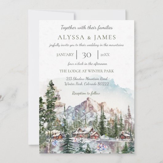 Rustikale Winterberglodge Einladung Hochzeit (Vorderseite)