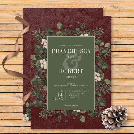 Rustikale Winterbrände & Pine Burgund Hochzeit Einladung