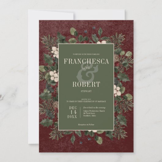Rustikale Winterbrände & Pine Burgund Hochzeit Einladung (Vorderseite)