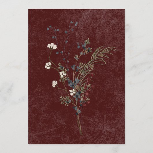 Rustikale Winterbrände & Pine Burgund Hochzeit Menükarte (Rückseite)