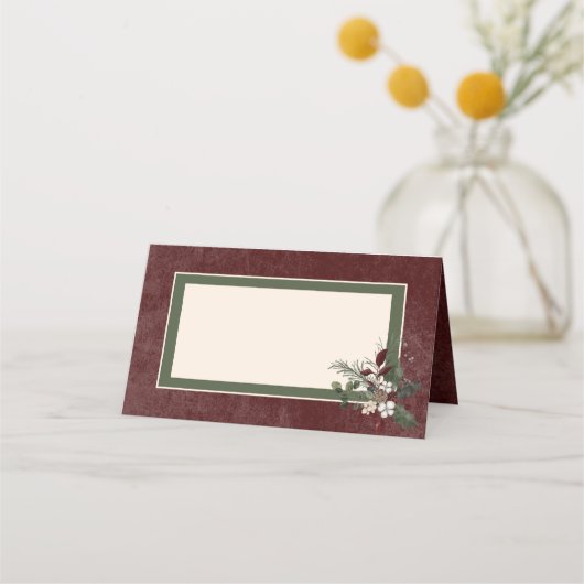 Rustikale Winterbrände & Pine Burgund Hochzeit Platzkarte (Vorderseite)