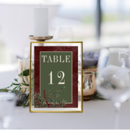 Rustikale Winterbrände & Pine Burgund Hochzeit Tischnummer