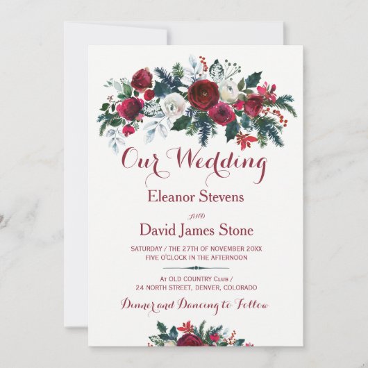 Rustikale Winterburgunder Pinienblütenhochzeit Einladung (Vorderseite)