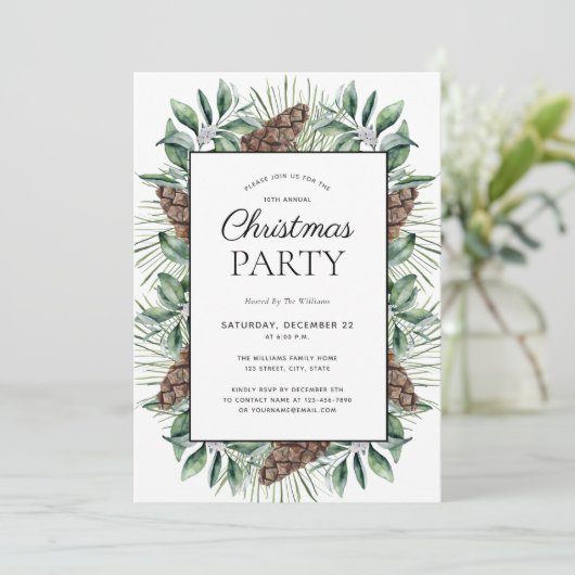 Rustikale Winterfeste Cone Holiday Party Einladung (Stehend Vorderseite)