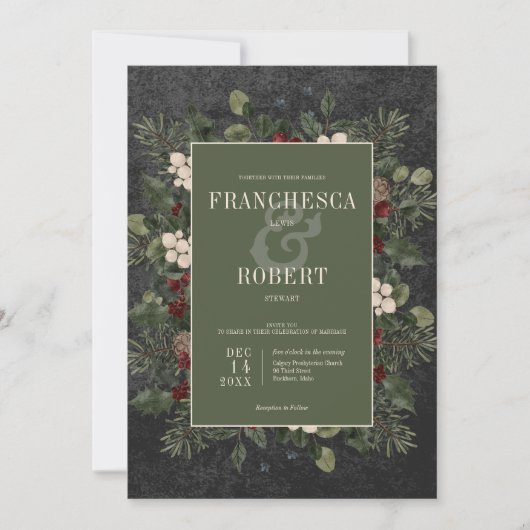 Rustikale Winterfrüchte & Pine Black Wedding Einladung (Vorderseite)