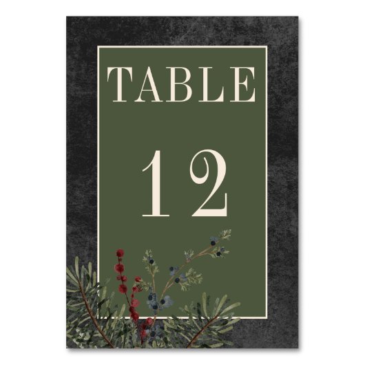 Rustikale Winterfrüchte & Pine Black Wedding Tischnummer (Rückseite)