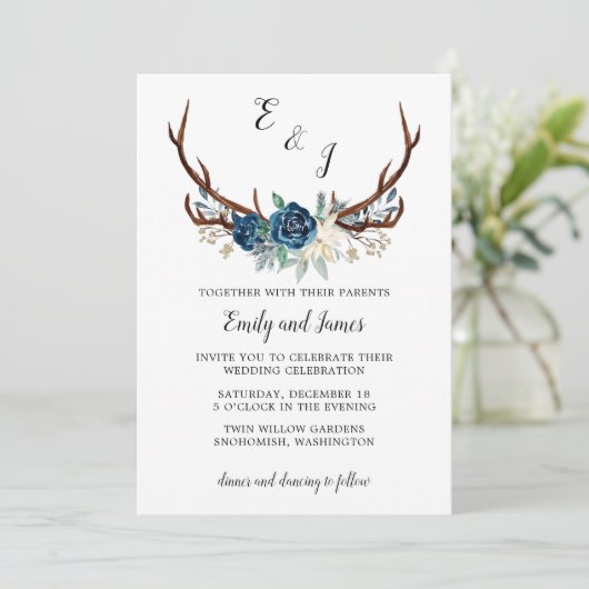 Rustikale Winterhochzeit Einladung mit Rose der Ma (Stehend Vorderseite)