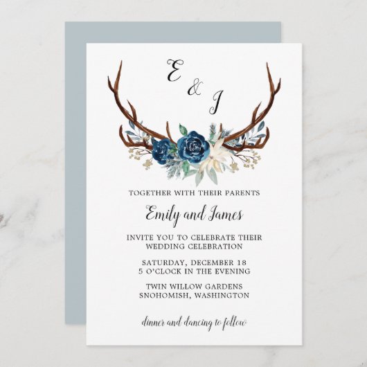 Rustikale Winterhochzeit Einladung mit Rose der Ma (Vorne/Hinten)