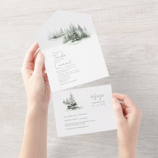 Rustikale Winterhochzeit Grün ID1049 All In One Einladung (Abreißen)